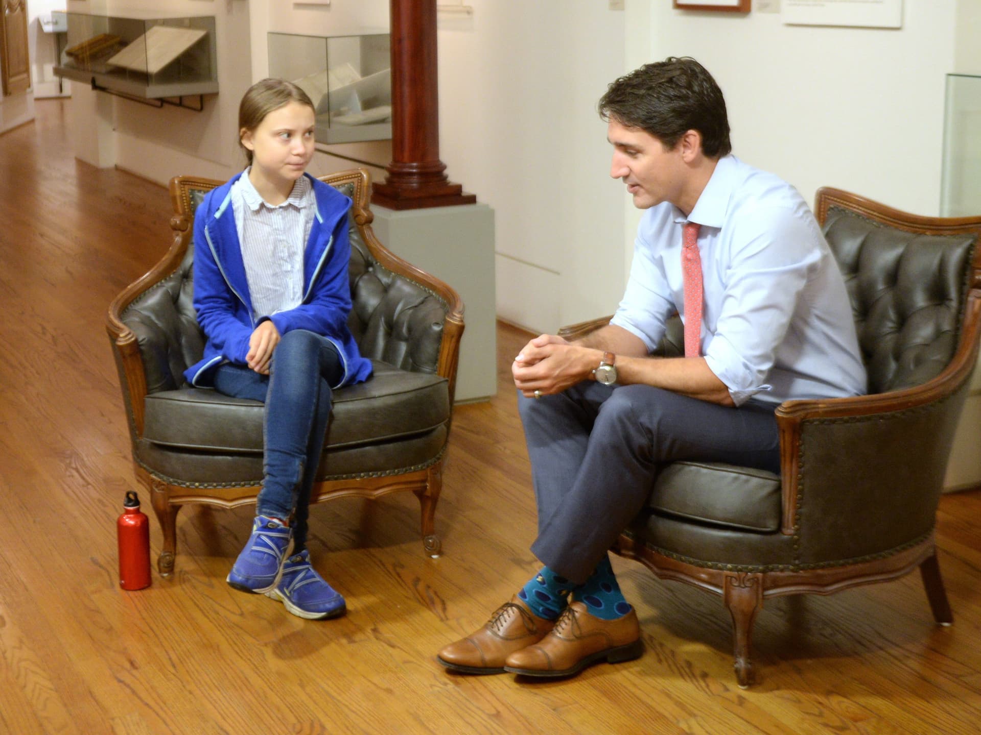 Canadian Prime Minister and Liberal leader Justin Trudeau speaks Swedish environmental activist Greta Thunberg in Montreal on Friday, September 27, 2019. THE CANADIAN PRESS/Ryan Remiorz