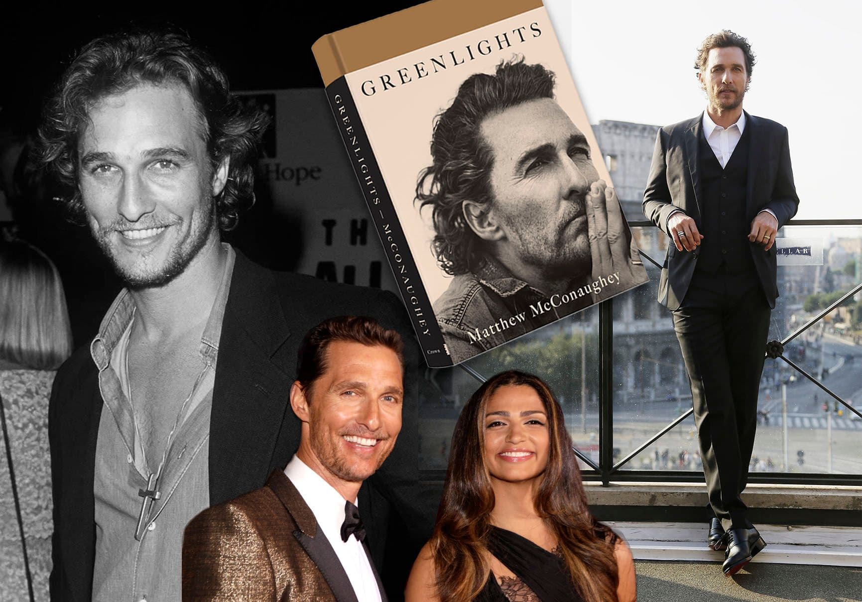A collage of photos showing Matthew McConaghey's Greenlights book cover, as well as a portrait of the actor alone and with his wife Camila