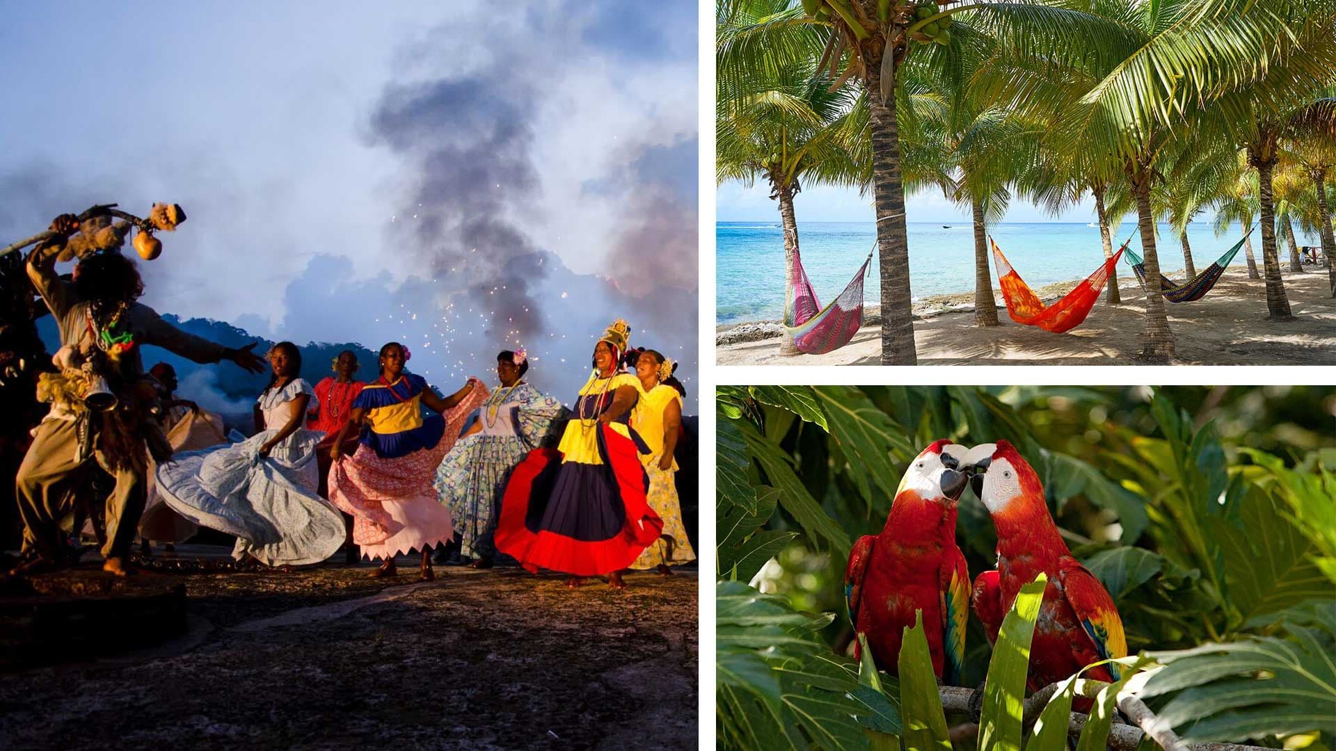 Clockwise from left: Local dancers around a fire, hammocks in trees, birds in greenery