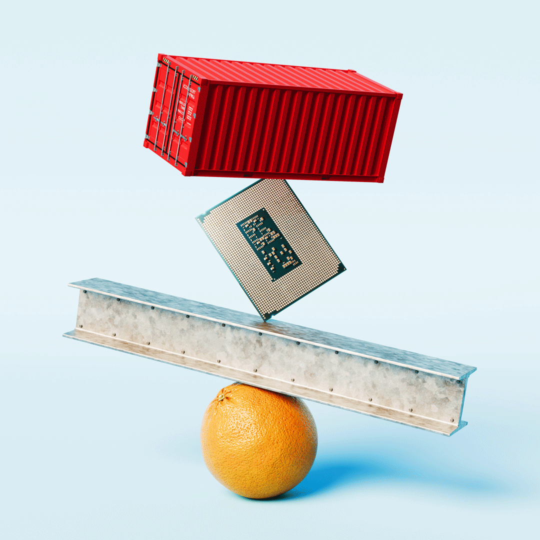Steel beam, shipping container, microchip balancing on an orange