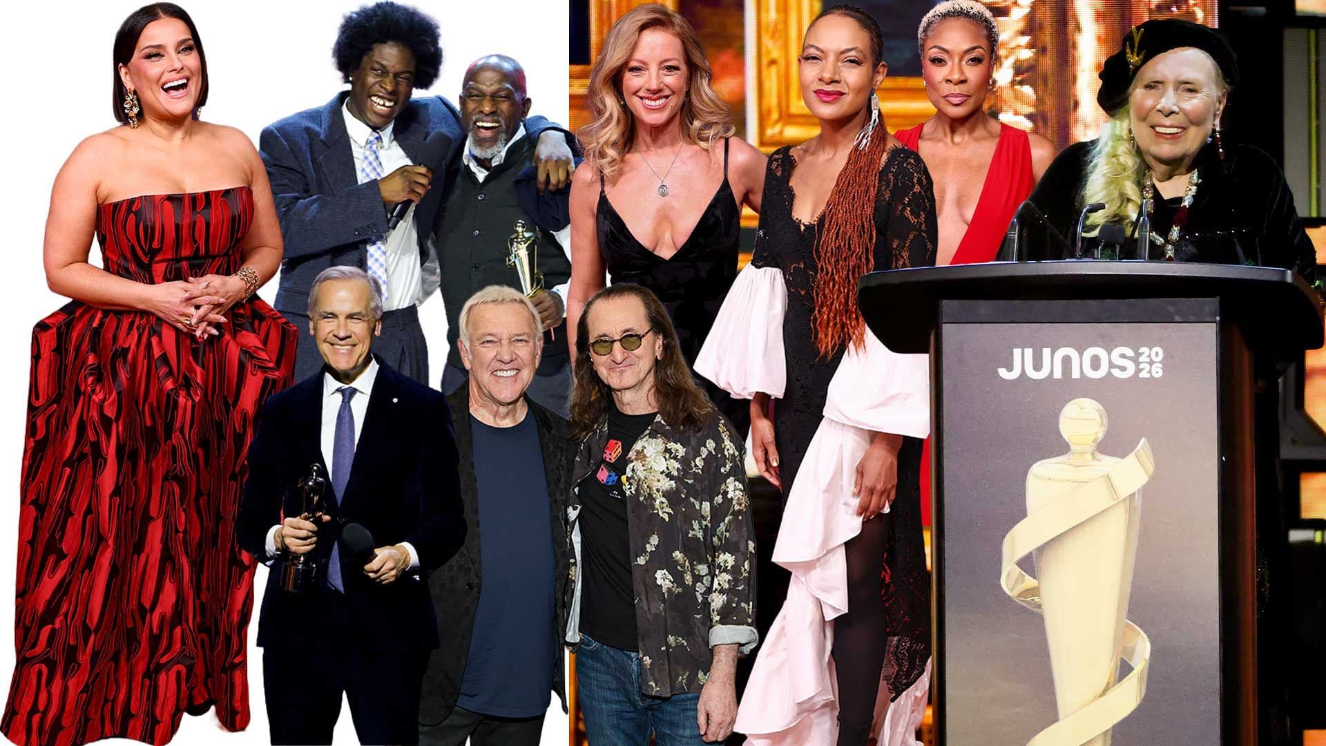 Clockwise from top left: Nelly Furtado, Daniel Caesar with his father Norwill Simmonds, Sarah McLachlan, Allison Russell, Jully Black, Joni Mitchell, Geddy Lee, Alex Lifeson and Prime Minister Mark Carney. | Getty Images